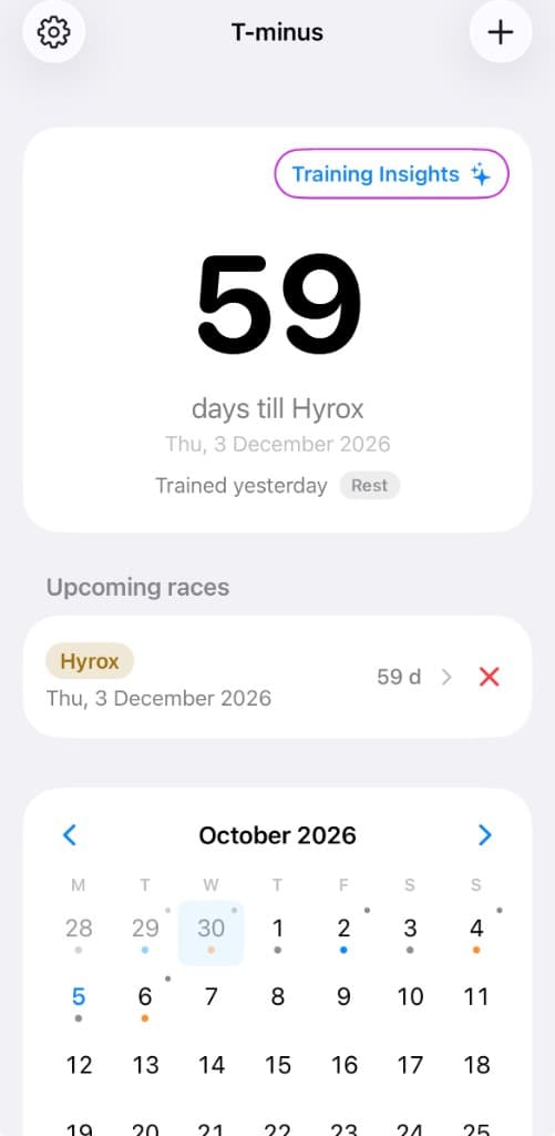 T-Minus home screen showing 59 days till HYROX